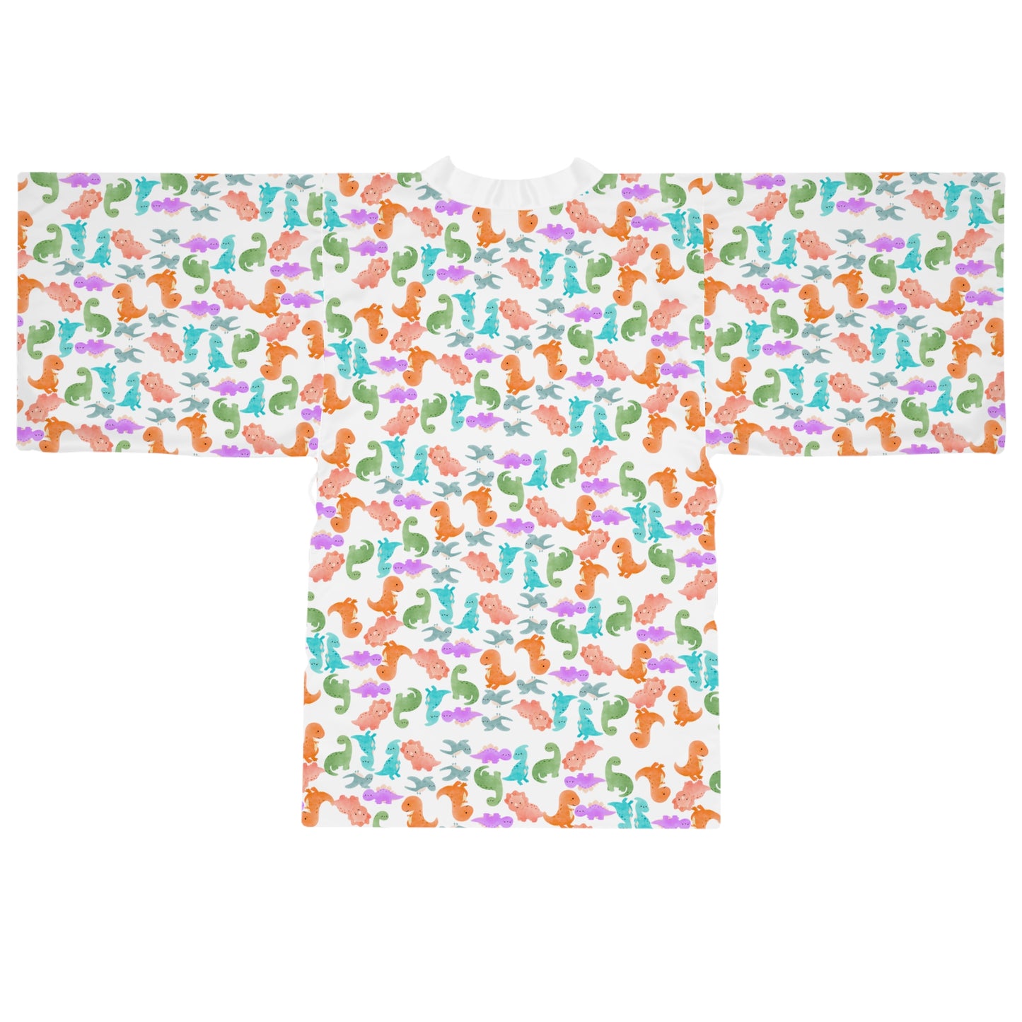 Vibrant Dino Print Long Sleeve Kimono Robe for Relaxation Loungewear Gift Summer Nights Cozy Style Rainbow Dinos Pink