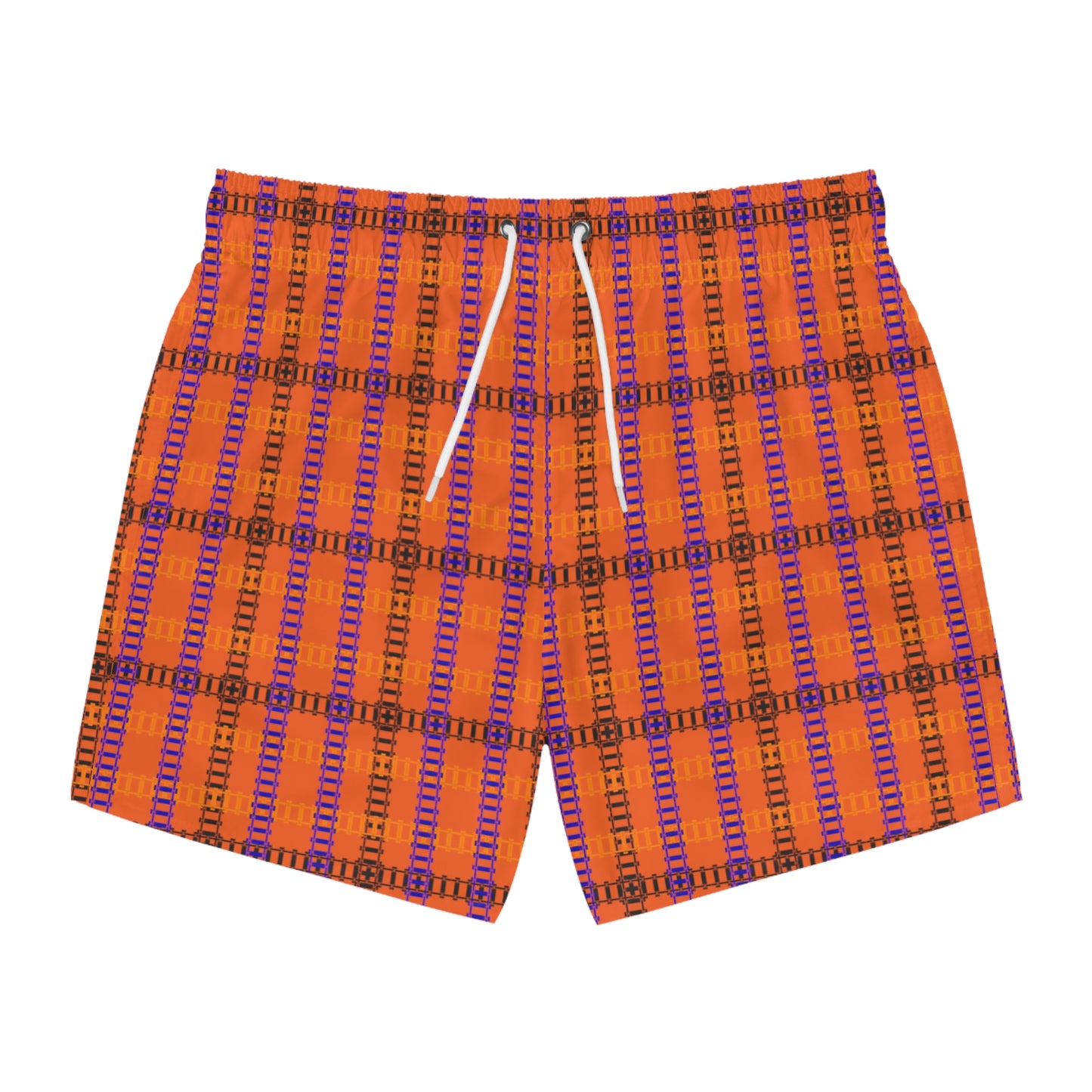 Vibrant Checkered Swim Trunks Beachwear for Summer Fun Vacation Essential Pool Party MustHave Mens Swim Shorts Train Tracks Orange