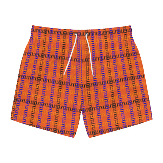Vibrant Checkered Swim Trunks Beachwear for Summer Fun Vacation Essential Pool Party MustHave Mens Swim Shorts Train Tracks Orange