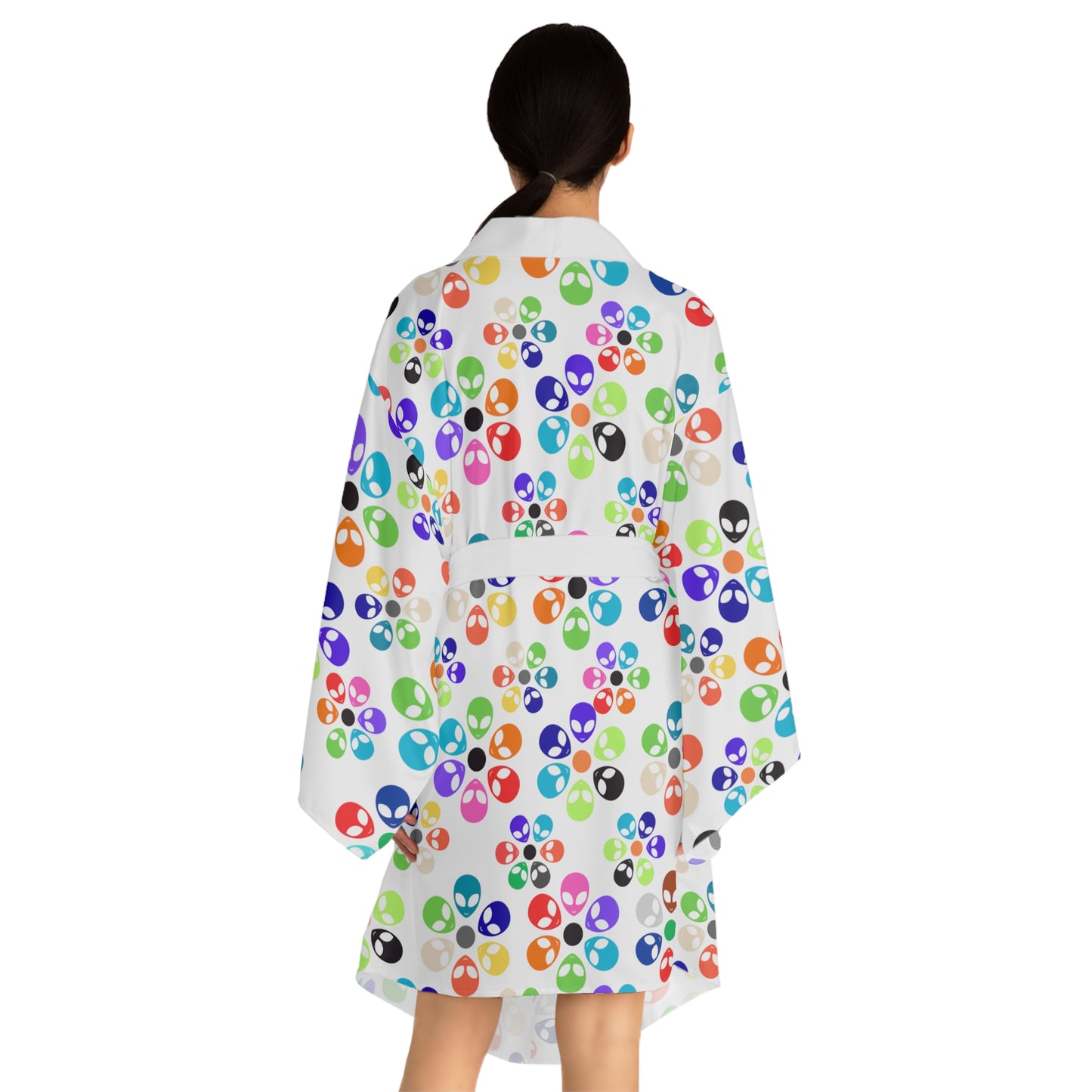 Colorful Floral Long Sleeve Kimono Robe Boho Fashion Relaxed Loungewear Perfect for Home Spa Days or Festivals Alien Rainbow Flowers Pink