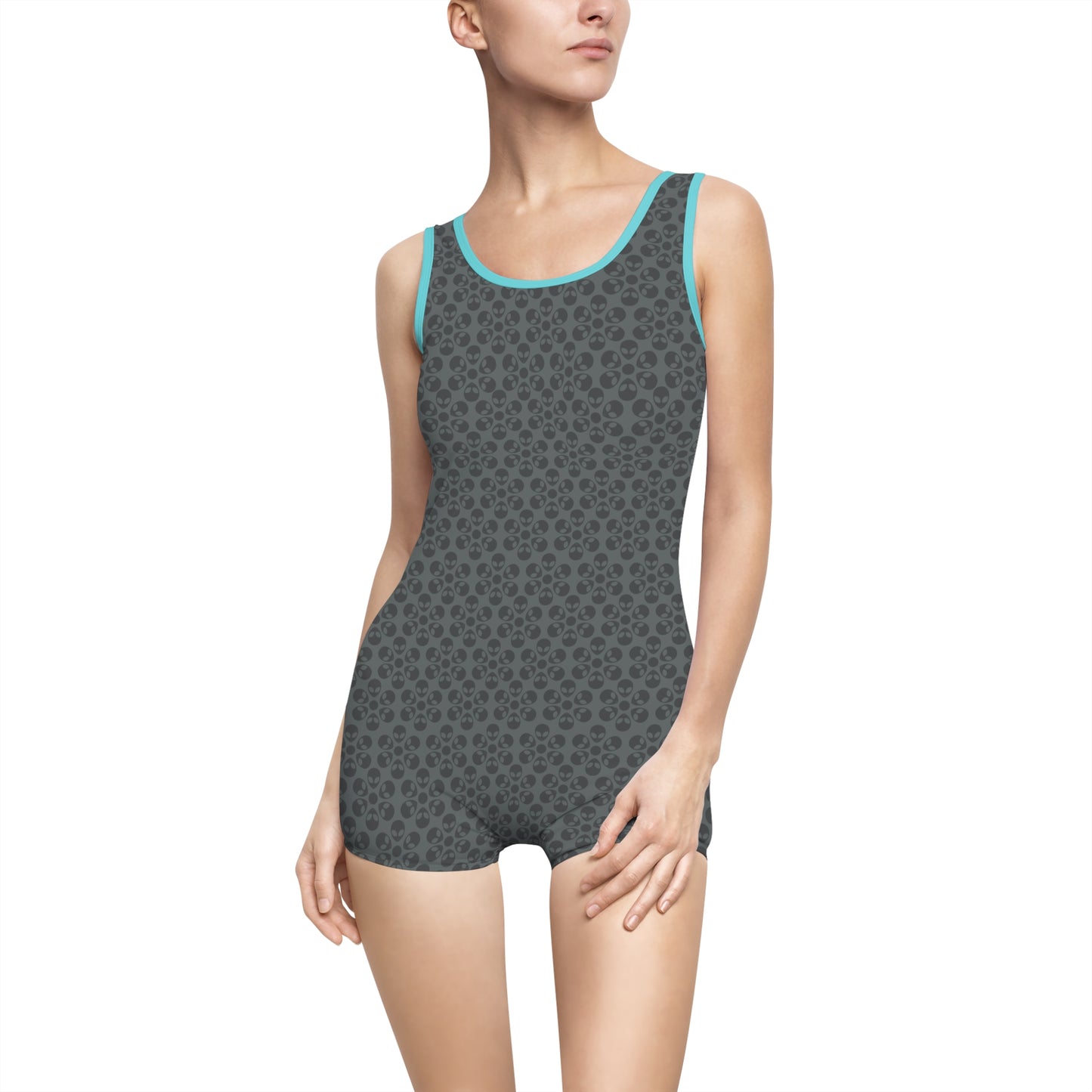 Womens Vintage Swimsuit  Alien Flowers Dark Grey