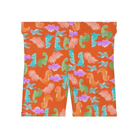 Colorful Dinosaur Womens Biker Shorts  AOP Perfect for Casual Wear workout Summer Birthdays Playdates Unique Gift Rainbow Dinos Orange