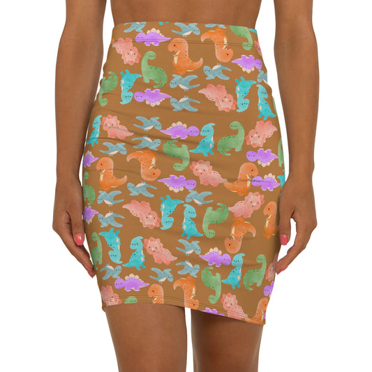 Dinosaur Print MidWaist Pencil Skirt for Fun and Playful Style Womens Skirt Cute Skirt Fashionable Skirt Casual Skirt Gift Idea Rainbow Dinos Light Brown