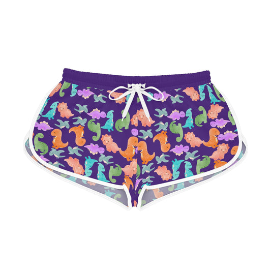 Colorful Dino Print Womens Relaxed Shorts Perfect for Summer Beachwear Loungewear Gift for Her Casual Style Rainbow Dinos Purple