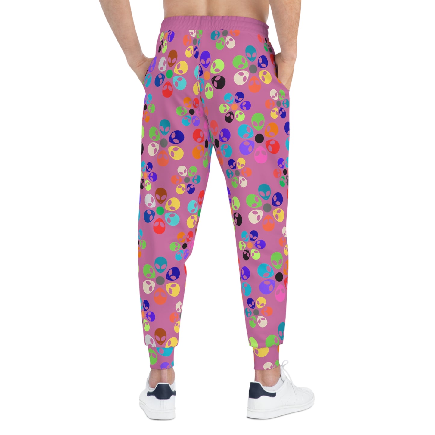 Colorful Alien Print Joggers Fun Athletic Pants Trendy Loungewear Unique Gift for Space Lovers Casual Daily Wear Unisex Joggers Alien Rainbow Flowers Light Pink