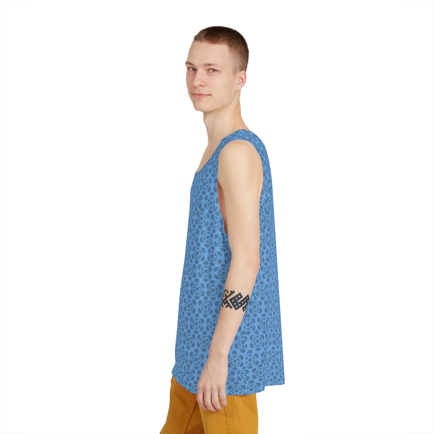 Stylish Mens Tank Top  AOP Leopard Print Summer Wear Fitness Gear Casual Apparel Trendy Vacation Outfit Alien Flowers Light Blue
