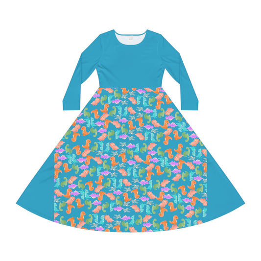 Colorful Long Sleeve Dance Dress Perfect for Parties Dance Events Spring Celebrations Playful Kids Dress Trendy Casual Wear Rainbow Dinos Turquoise