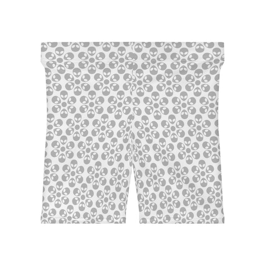 Womens Alien Pattern Biker Shorts Trendy Activewear Casual Cycling Shorts Festival Outfit Summer Essentials Alien Flowers White