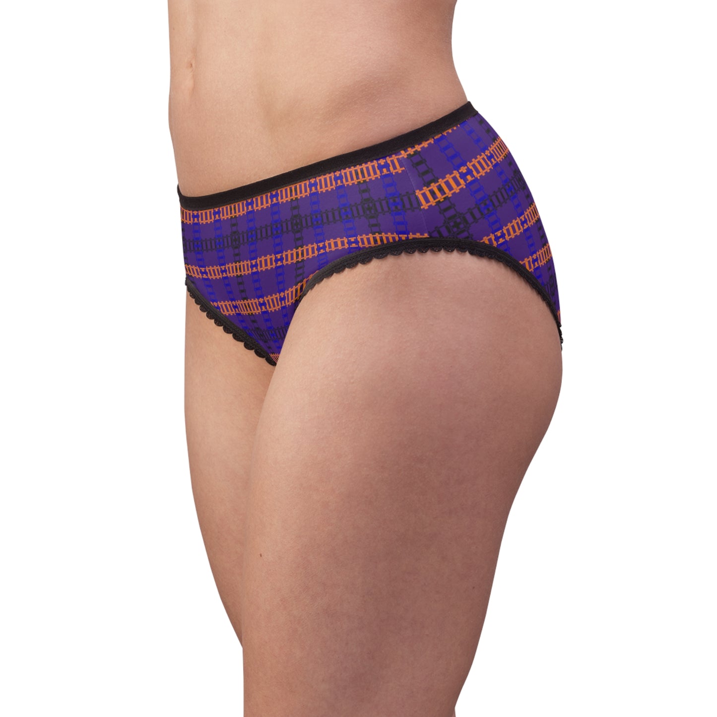 Colorful Patterned Womens Briefs with Lace Trim Comfortable Everyday Panties Unique Gifts for Her Fashionable Loungewear Fun and [...] Train Tracks Purple