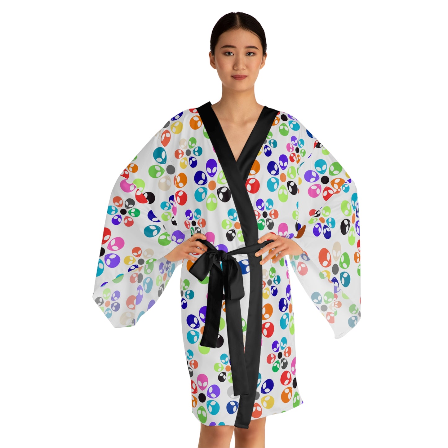 Colorful Floral Long Sleeve Kimono Robe Boho Fashion Relaxed Loungewear Perfect for Home Spa Days or Festivals Alien Rainbow Flowers Pink