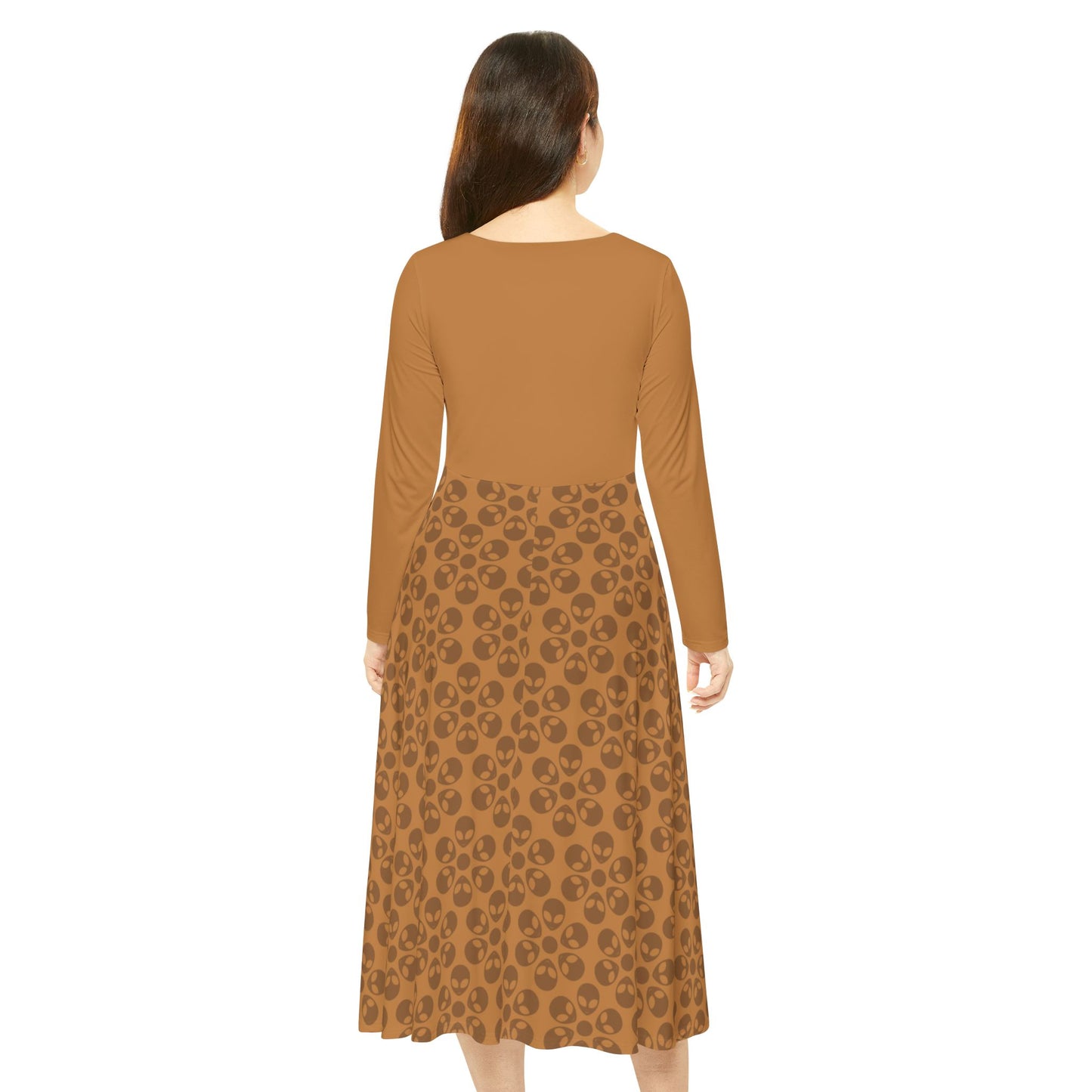 Womens Long Sleeve Dance Dress Alien Flowers Light Brown