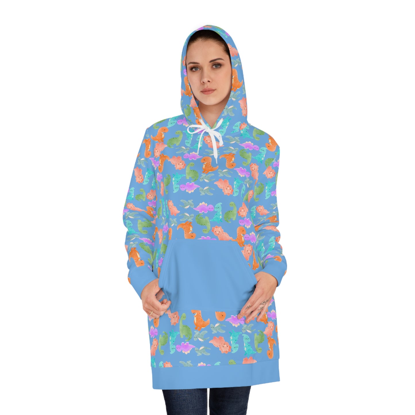 Womens Hoodie Dress Rainbow Dinos Light Blue