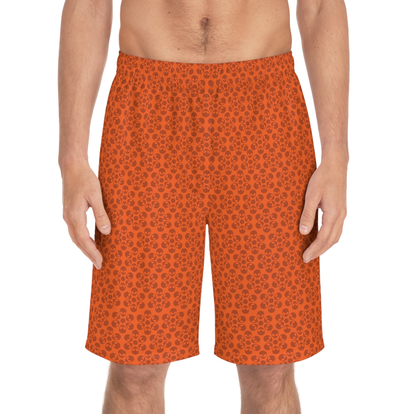 Mens Floral Print Board Shorts Summer Swimwear Beach Attire Vacation Ready Casual Everyday Shorts Alien Flowers Orange