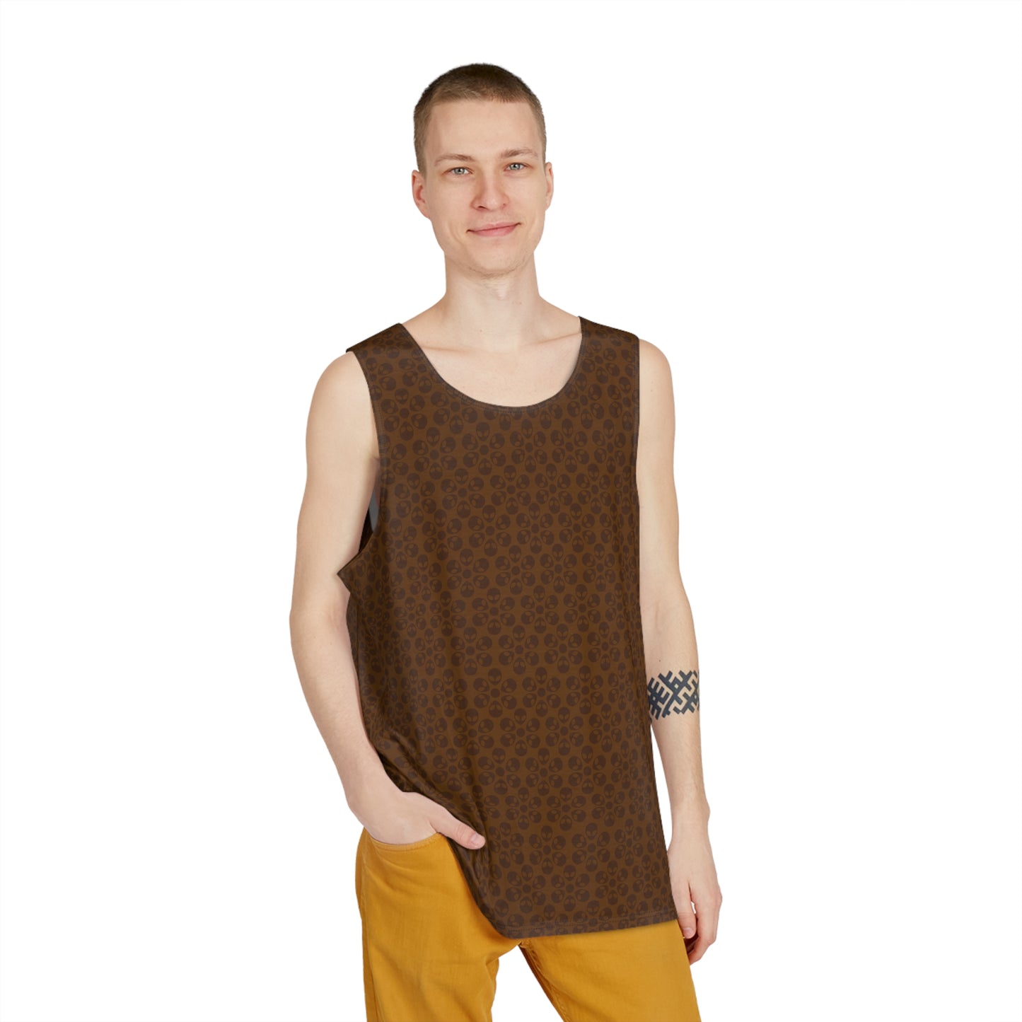 Stylish Mens Tank Top  AOP Leopard Print Summer Wear Fitness Gear Casual Apparel Trendy Vacation Outfit Alien Flowers Brown