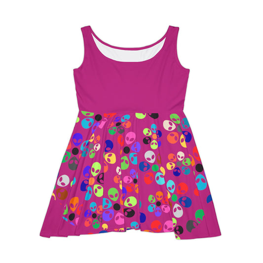 Colorful Alien Print Skater Dress Fun Summer Dress Casual Party Dress Unique Gift for Her Retro Style Dress Festival Fashion Alien Rainbow Flowers Pink