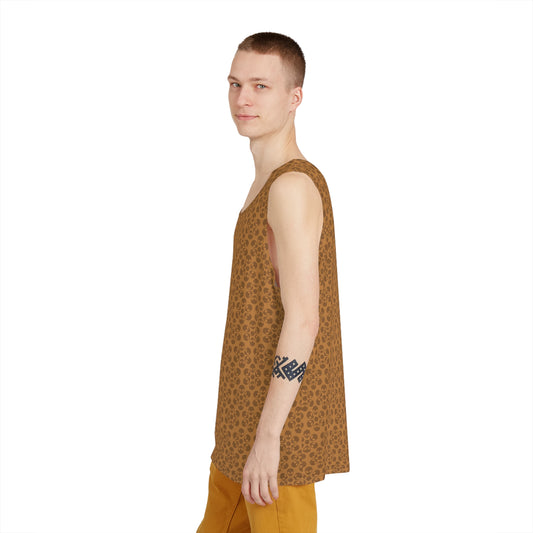 Stylish Mens Tank Top  AOP Leopard Print Summer Wear Fitness Gear Casual Apparel Trendy Vacation Outfit Alien Flowers Light Brown