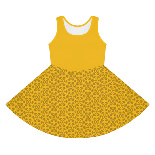 Girls Floral Sleeveless Sundress Cute Summer Dress Kids Fashion Birthday Outfit Playful Floral Pattern Spring Dress Alien Flowers Yellow