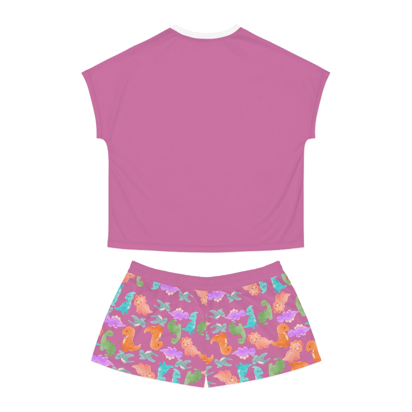 Womens Dinosaur Print Pajama Set Cozy Sleepwear Perfect for Relaxation Gift for Her Cute Loungewear Summer Nights Dinosaur Lovers Rainbow Dinos Light Pink