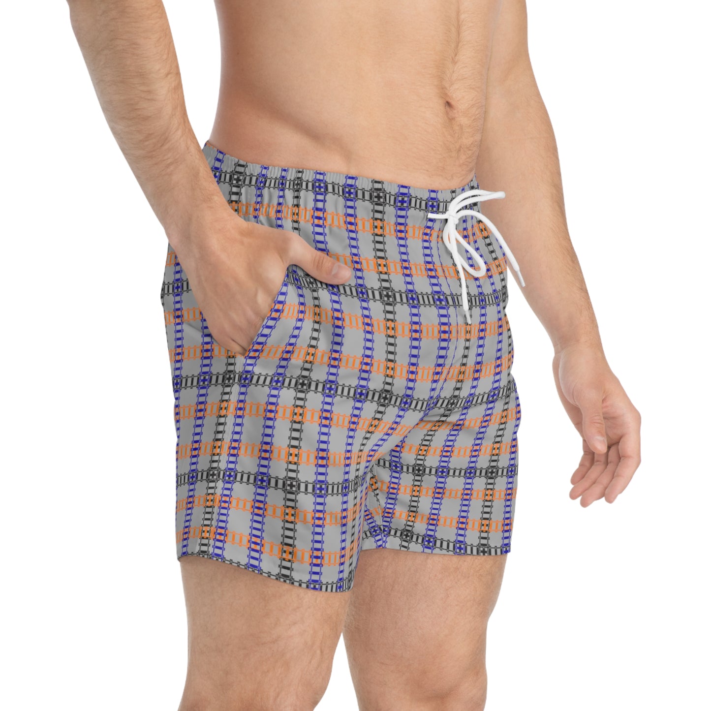Vibrant Checkered Swim Trunks Beachwear for Summer Fun Vacation Essential Pool Party MustHave Mens Swim Shorts Train Tracks Light Grey
