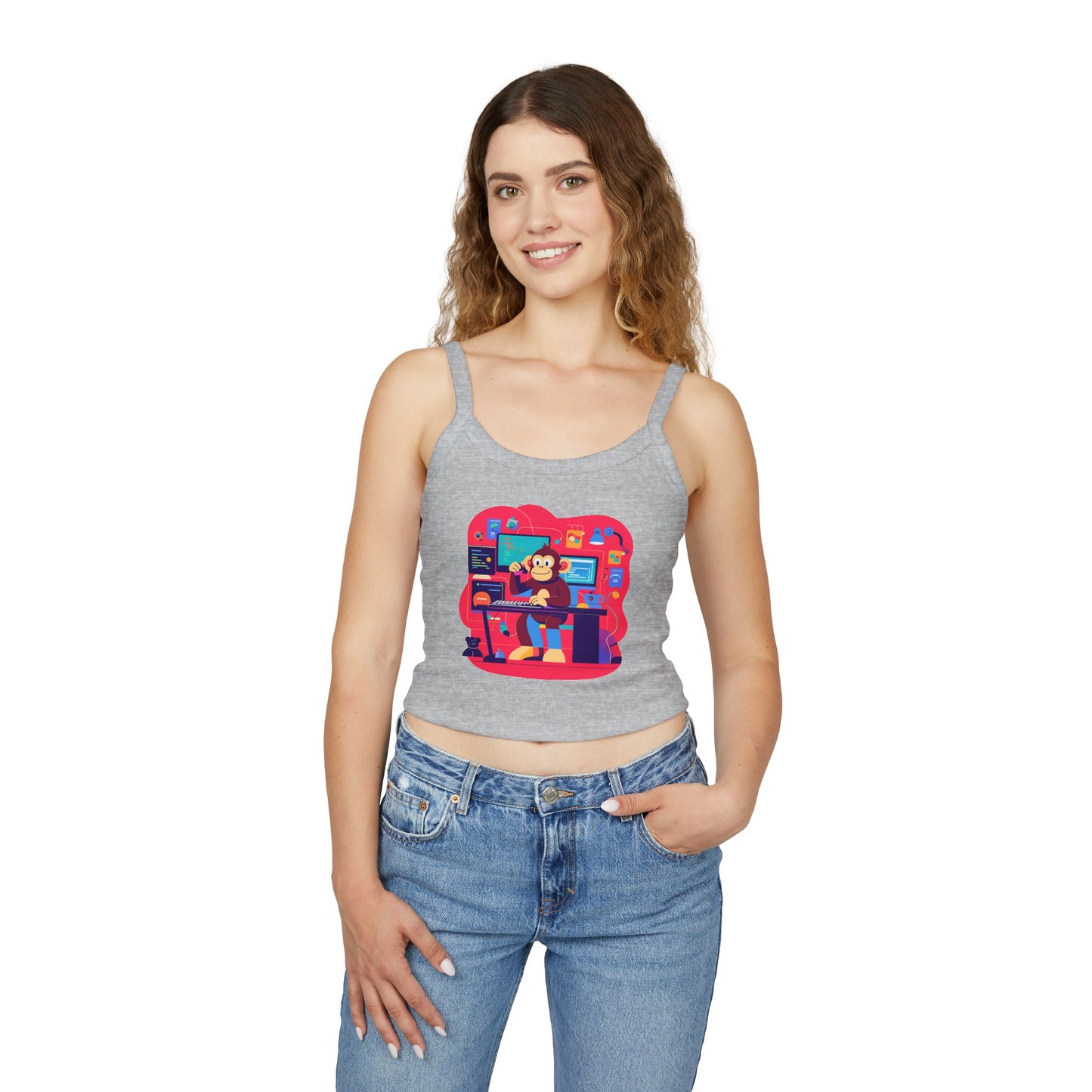 Playful Monkey Graphic Spaghetti Strap Tank Top - Fun Casual Wear, Summer Beach, Gift for Animal Lovers, Cute Pajama Top, Creative [...]