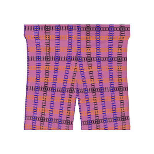 Stylish Womens Biker Shorts  Plaid Pattern Comfortable Activewear Summer Essentials Workout Gear Casual Fashion Gift Idea Train Tracks Light Pink