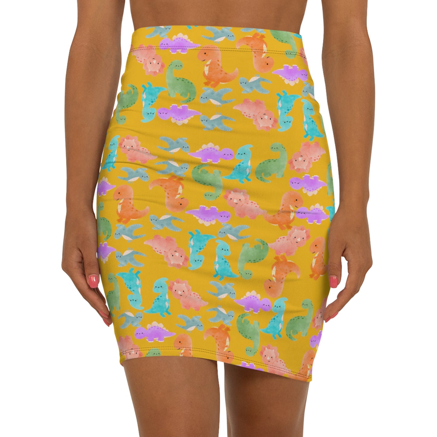 Dinosaur Print MidWaist Pencil Skirt for Fun and Playful Style Womens Skirt Cute Skirt Fashionable Skirt Casual Skirt Gift Idea Rainbow Dinos Yellow