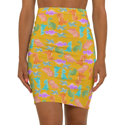 Dinosaur Print MidWaist Pencil Skirt for Fun and Playful Style Womens Skirt Cute Skirt Fashionable Skirt Casual Skirt Gift Idea Rainbow Dinos Yellow