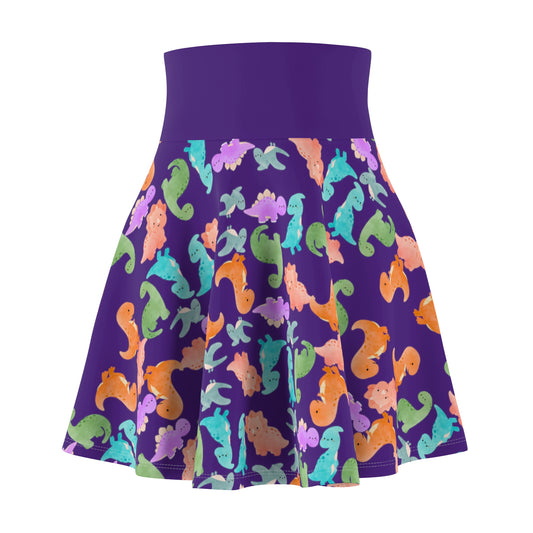 Colorful Dino Print Womens Skater Skirt Cute Summer Skirt Fun Fashion Piece Beach Outfit Gift for Animal Lovers Casual Wear Rainbow Dinos Purple
