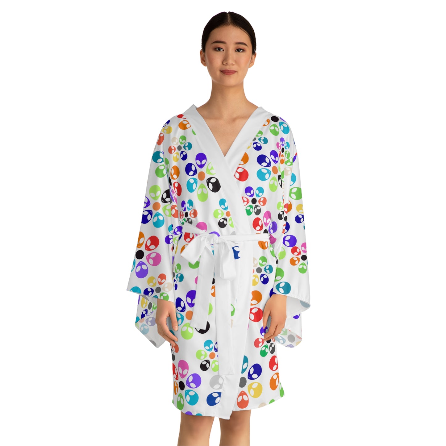 Colorful Floral Long Sleeve Kimono Robe Boho Fashion Relaxed Loungewear Perfect for Home Spa Days or Festivals Alien Rainbow Flowers Pink