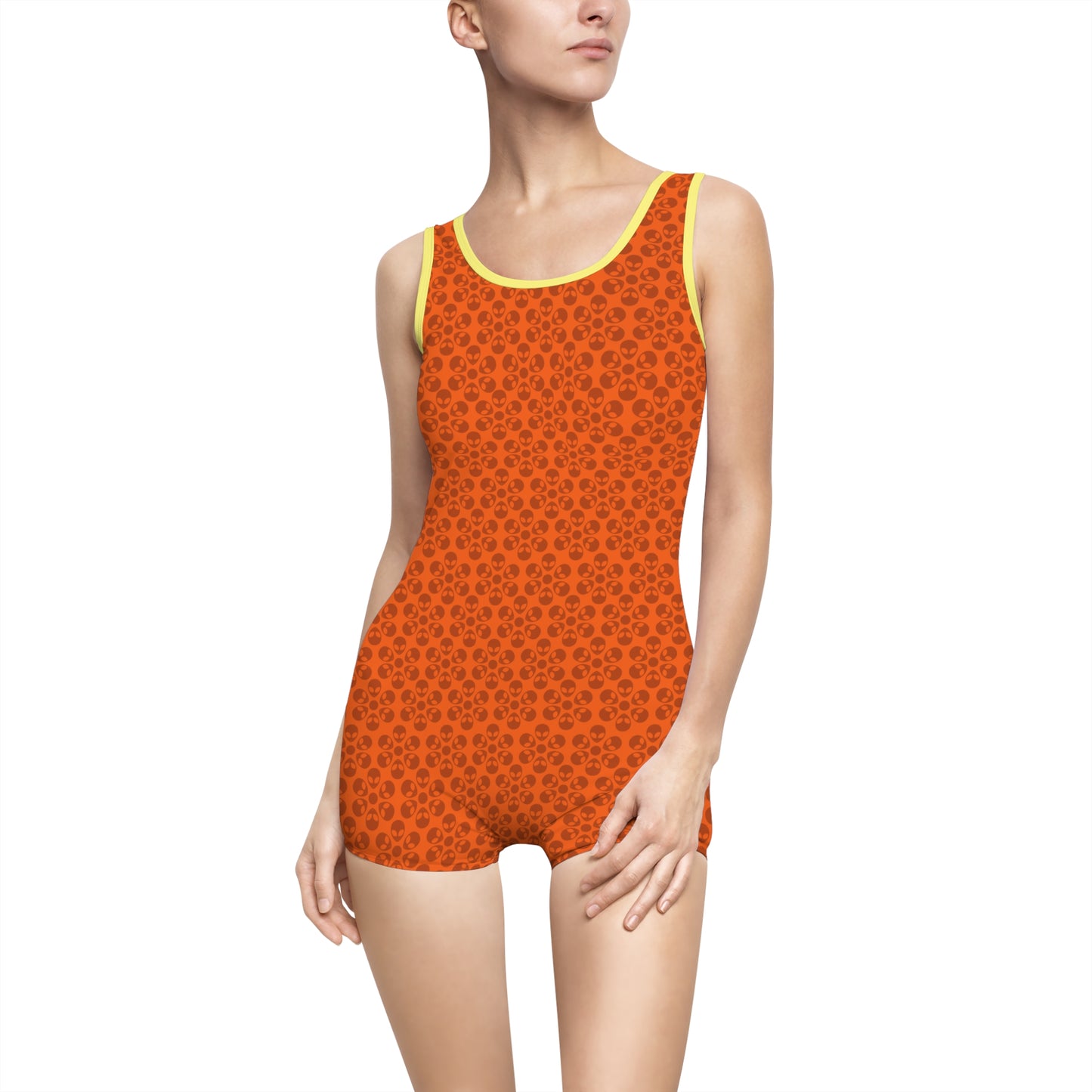 Womens Vintage Swimsuit  Alien Flowers Orange