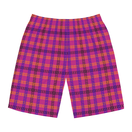 Vibrant Mens Board Shorts Perfect for Summer Beach Days and Pool Parties | Stylish Swimwear Train Tracks Pink
