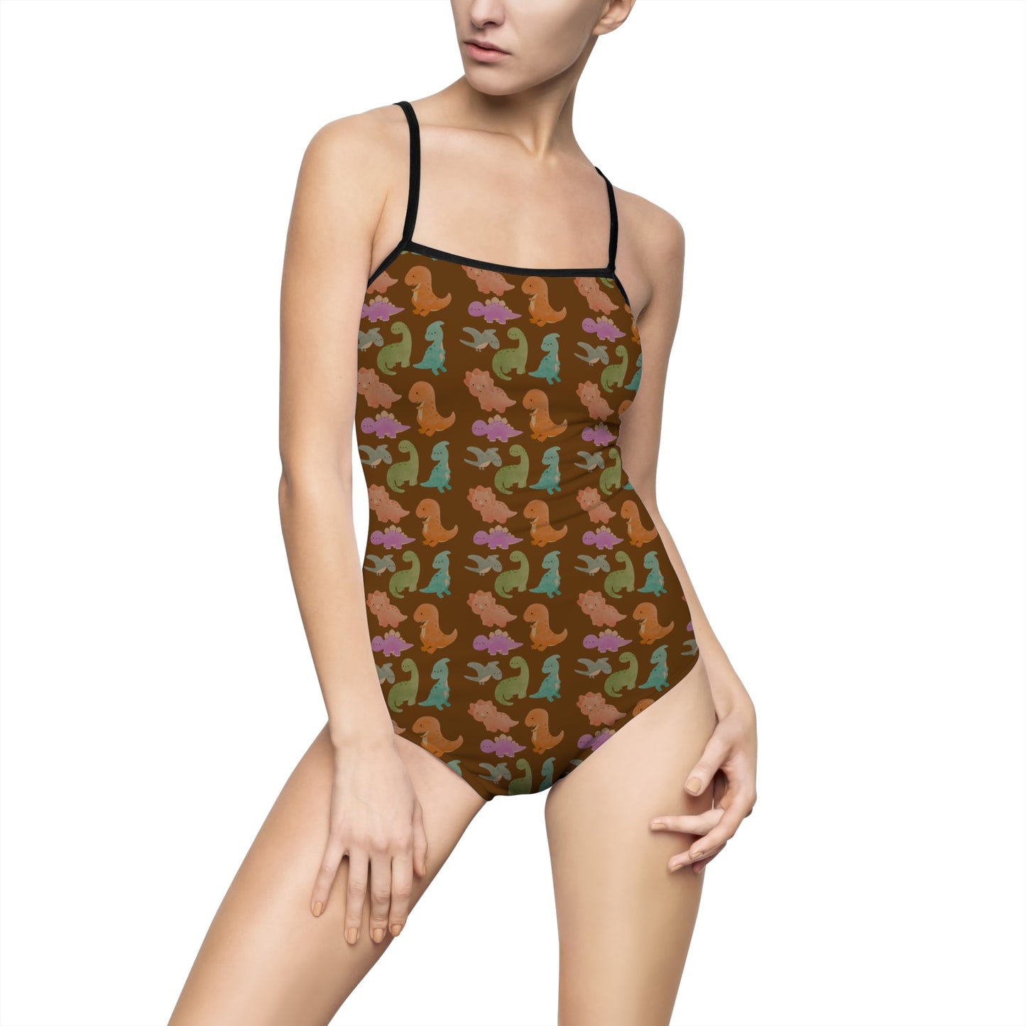 Colorful Dino Pattern One-Piece Swimsuit, Summer Swimwear, Beachwear, Aquatic Adventures, Girls' Swim Fashion - Brown