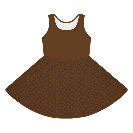 Girls Floral Sleeveless Sundress Cute Summer Dress Kids Fashion Birthday Outfit Playful Floral Pattern Spring Dress Alien Flowers Brown