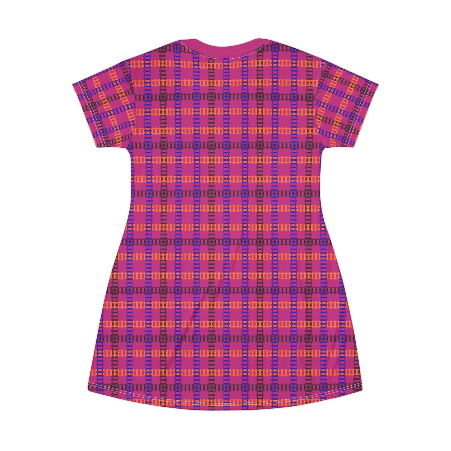 Vibrant Checkered TShirt Dress Casual Summer Dress Boho Fashion Everyday Wear Relaxed Fit Dress Colorful Outfit Train Tracks Pink
