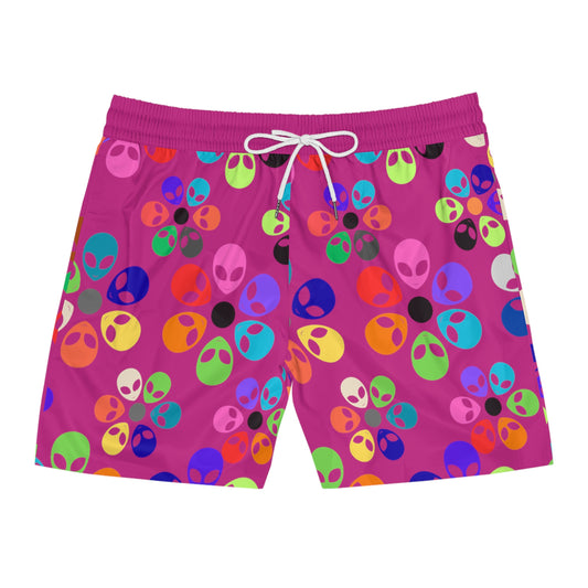Colorful Alien Print Swim Shorts for Fun Summer Vibes Beachwear Pool Party Attire Vacation Essentials Mens Swimwear Alien Rainbow Flowers Pink
