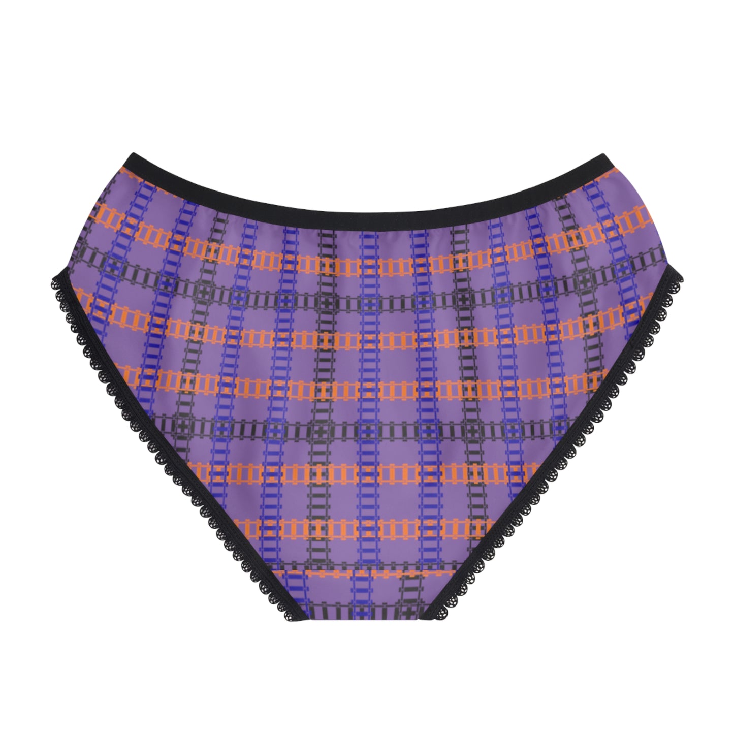 Colorful Patterned Womens Briefs with Lace Trim Comfortable Everyday Panties Unique Gifts for Her Fashionable Loungewear Fun and [...] Train Tracks Light Purple