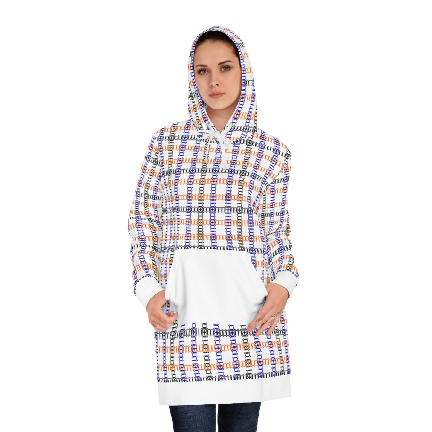 Plaid Womens Hoodie Dress  Cozy Layering Piece for Fall Everyday Wear Casual Style Hooded Dress Perfect Gift Train Tracks Light Purple