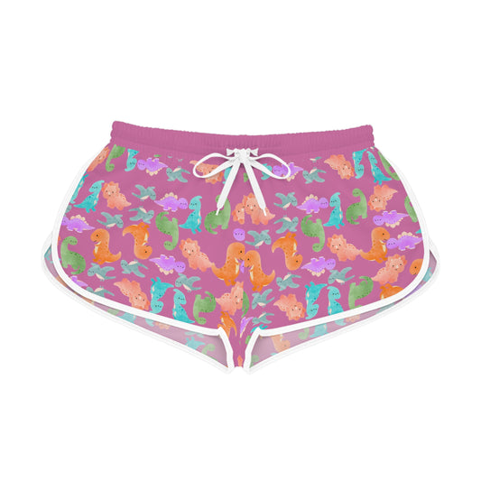 Colorful Dino Print Womens Relaxed Shorts Perfect for Summer Beachwear Loungewear Gift for Her Casual Style Rainbow Dinos Light Pink