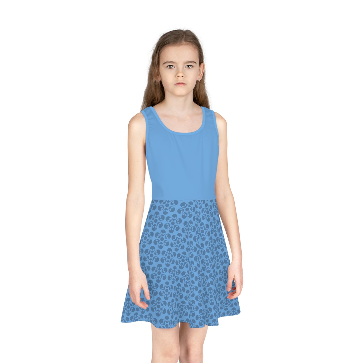 Girls Floral Sleeveless Sundress Cute Summer Dress Kids Fashion Birthday Outfit Playful Floral Pattern Spring Dress Alien Flowers Light Blue