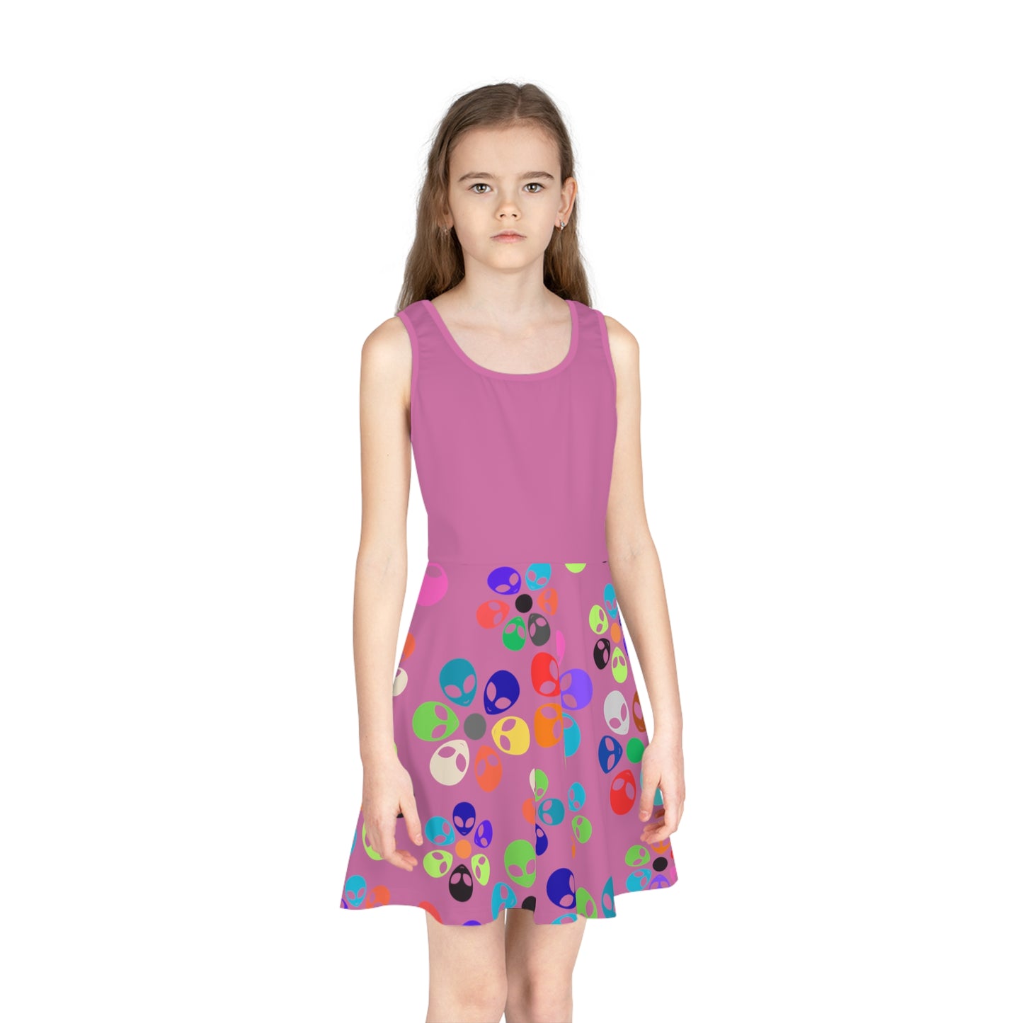 Colorful Alien Print Girls Sundress Summer Dress Kids Fashion Birthday Outfit Playful Dress Unique Gifts for Girls Alien Rainbow Flowers Light Pink