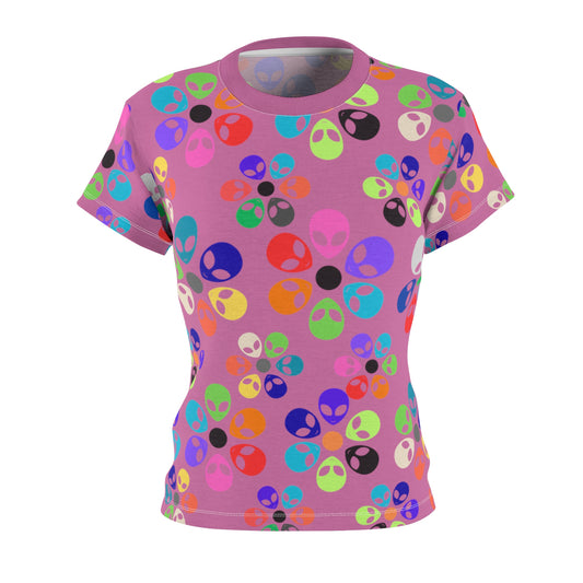 Colorful Alien Print Tee Fun Casual Shirt Unique Gift for SciFi Fans Festival Wear Statement Tee Summer Top Alien Rainbow Flowers Light Pink