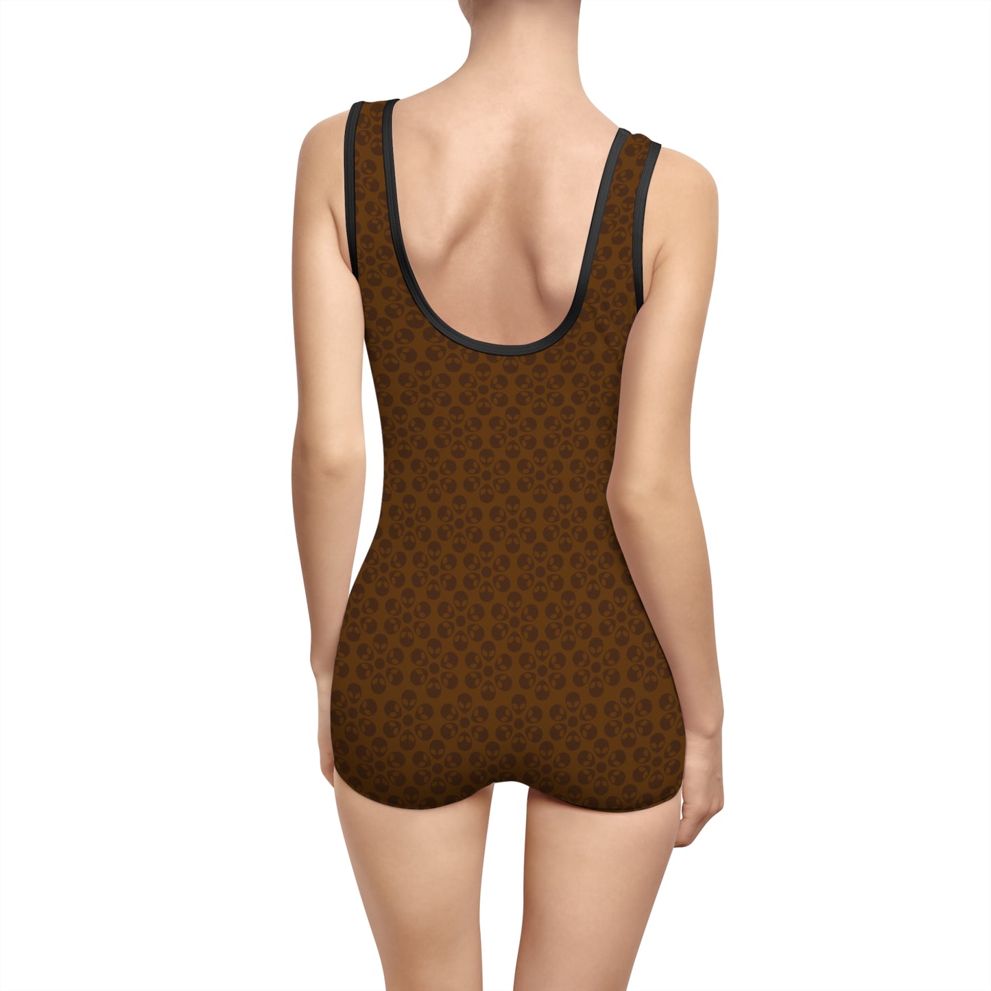 Womens Vintage Swimsuit  Alien Flowers Brown