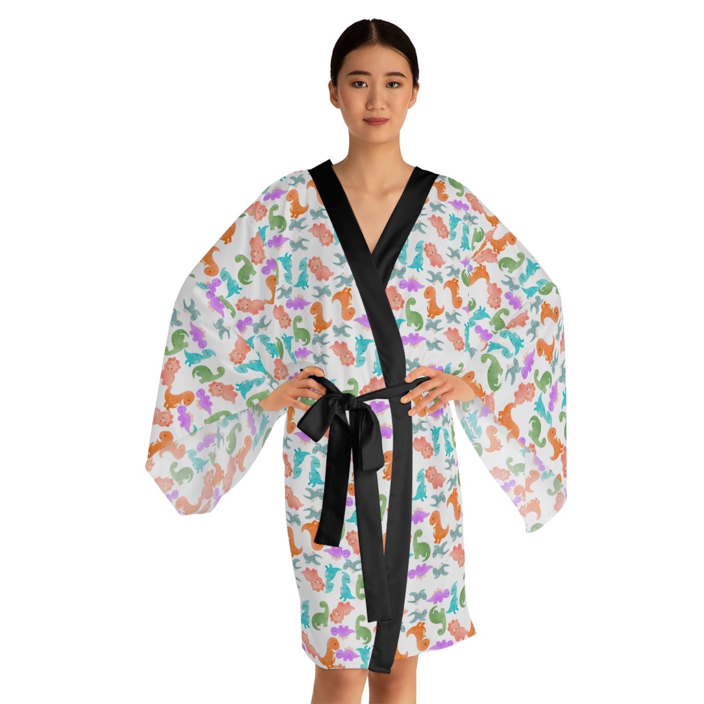 Vibrant Dino Print Long Sleeve Kimono Robe for Relaxation Loungewear Gift Summer Nights Cozy Style Rainbow Dinos Pink