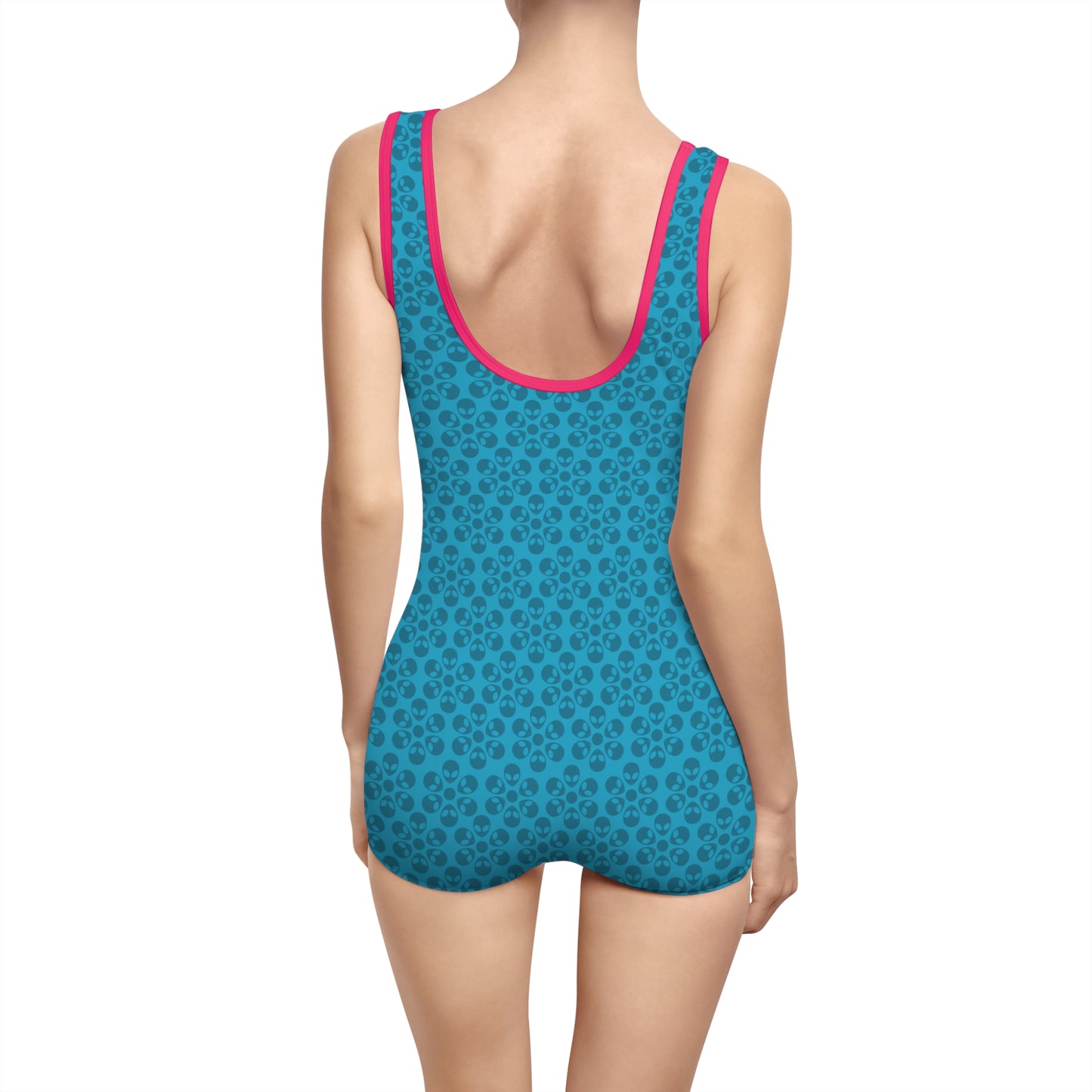 Womens Vintage Swimsuit  Alien Flowers Turquoise