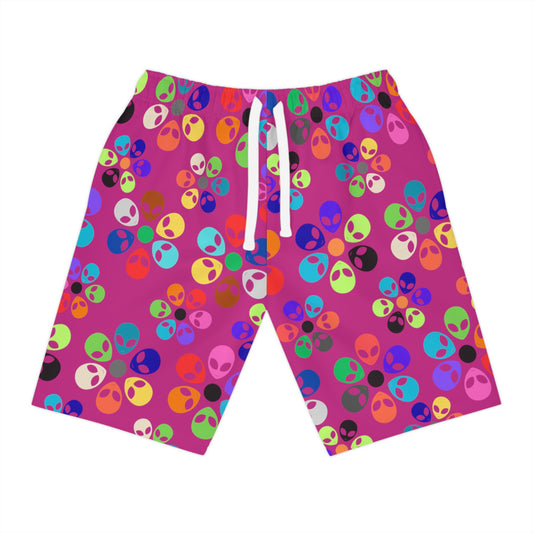 Colorful Alien Print Athletic Shorts Summer Workout Casual Beachwear Gift for SciFi Lovers Fun Outdoor Sports Gear Alien Rainbow Flowers Pink