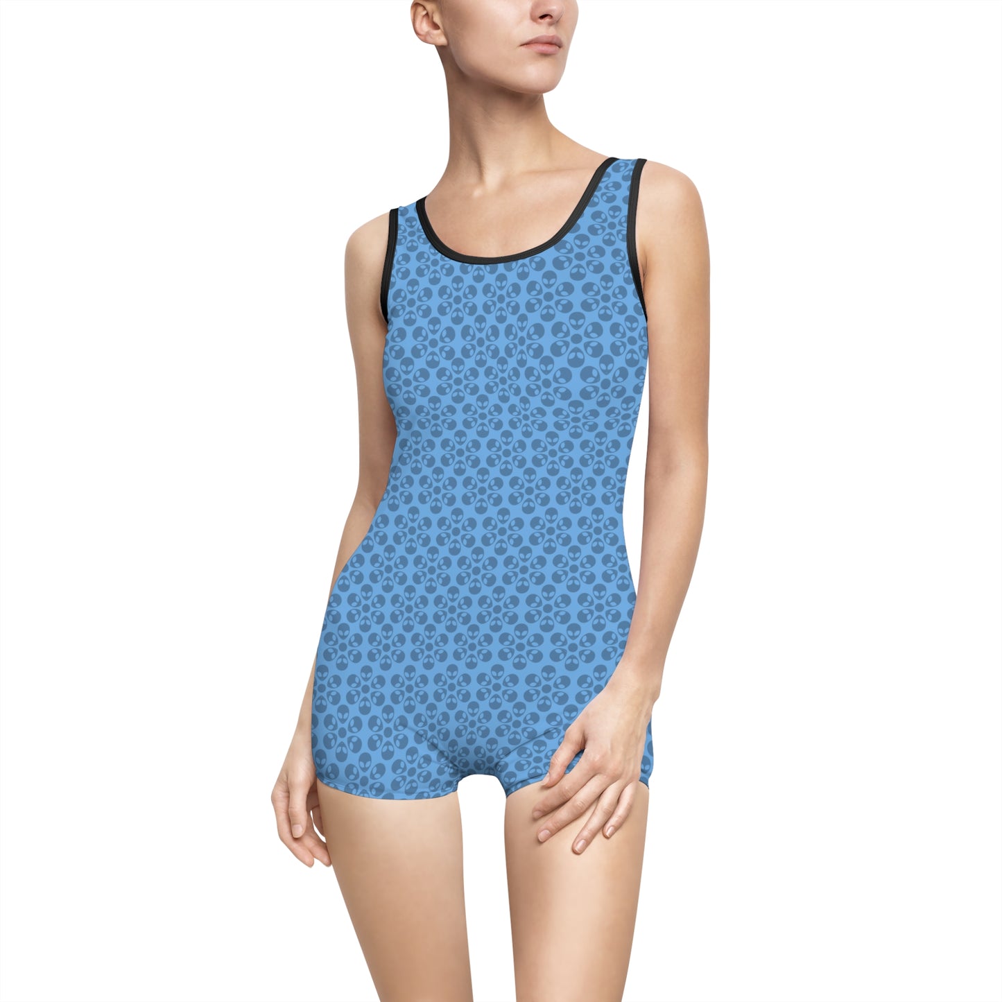 Womens Vintage Swimsuit  Alien Flowers Light Blue