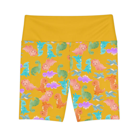 Colorful Dinosaur Pattern Workout Shorts Womens Athletic Shorts Exercise Gear Fitness Apparel Fun Workout Fashion Rainbow Dinos Yellow