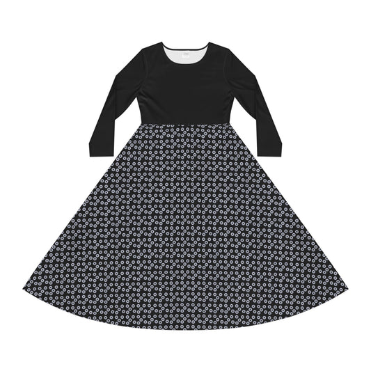 Chic Women's Long Sleeve Dance Dress, Flowy AOP Style, Perfect for Parties, Dance Events, Formal Wear, Gift for Dancers - Black