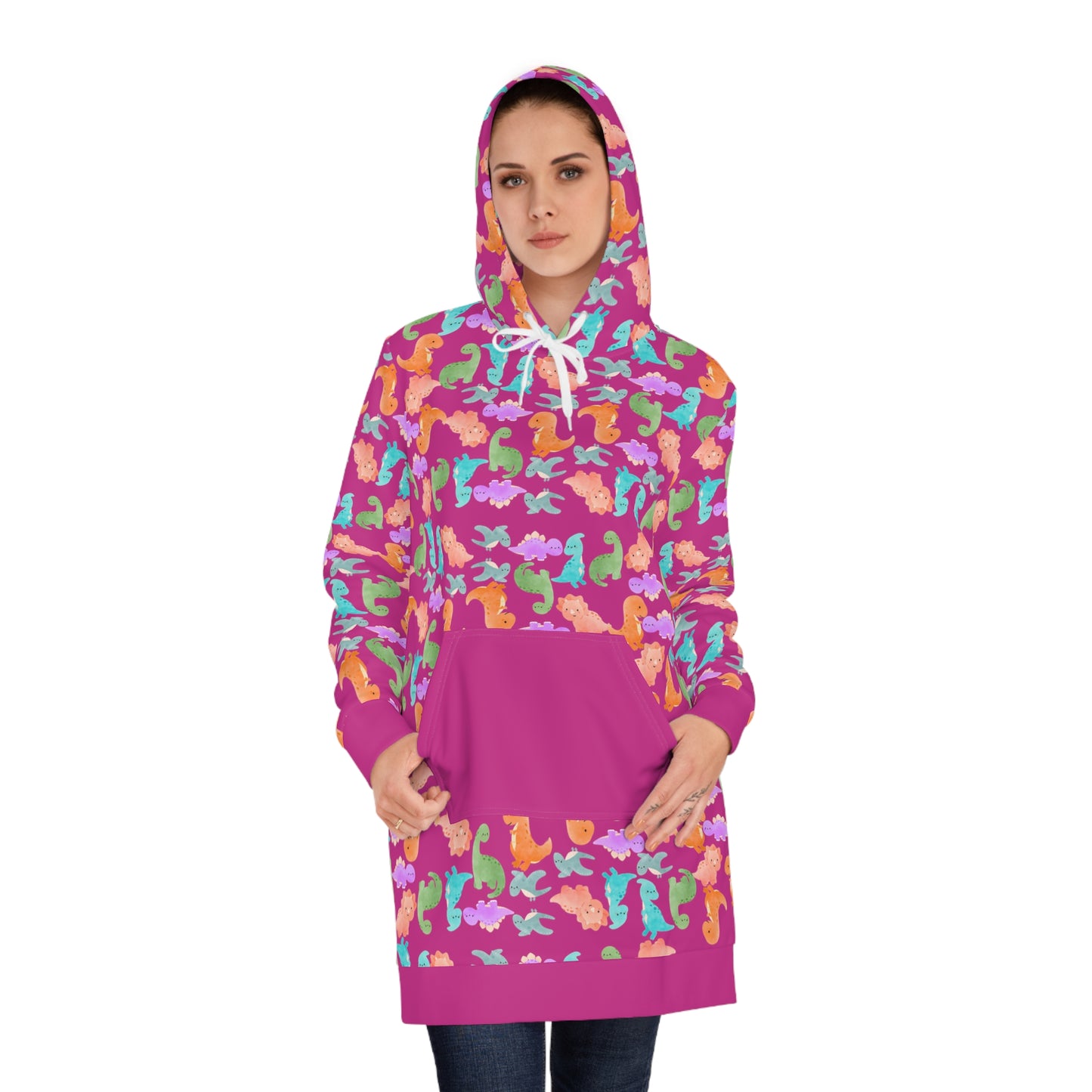 Womens Hoodie Dress Rainbow Dinos Pink