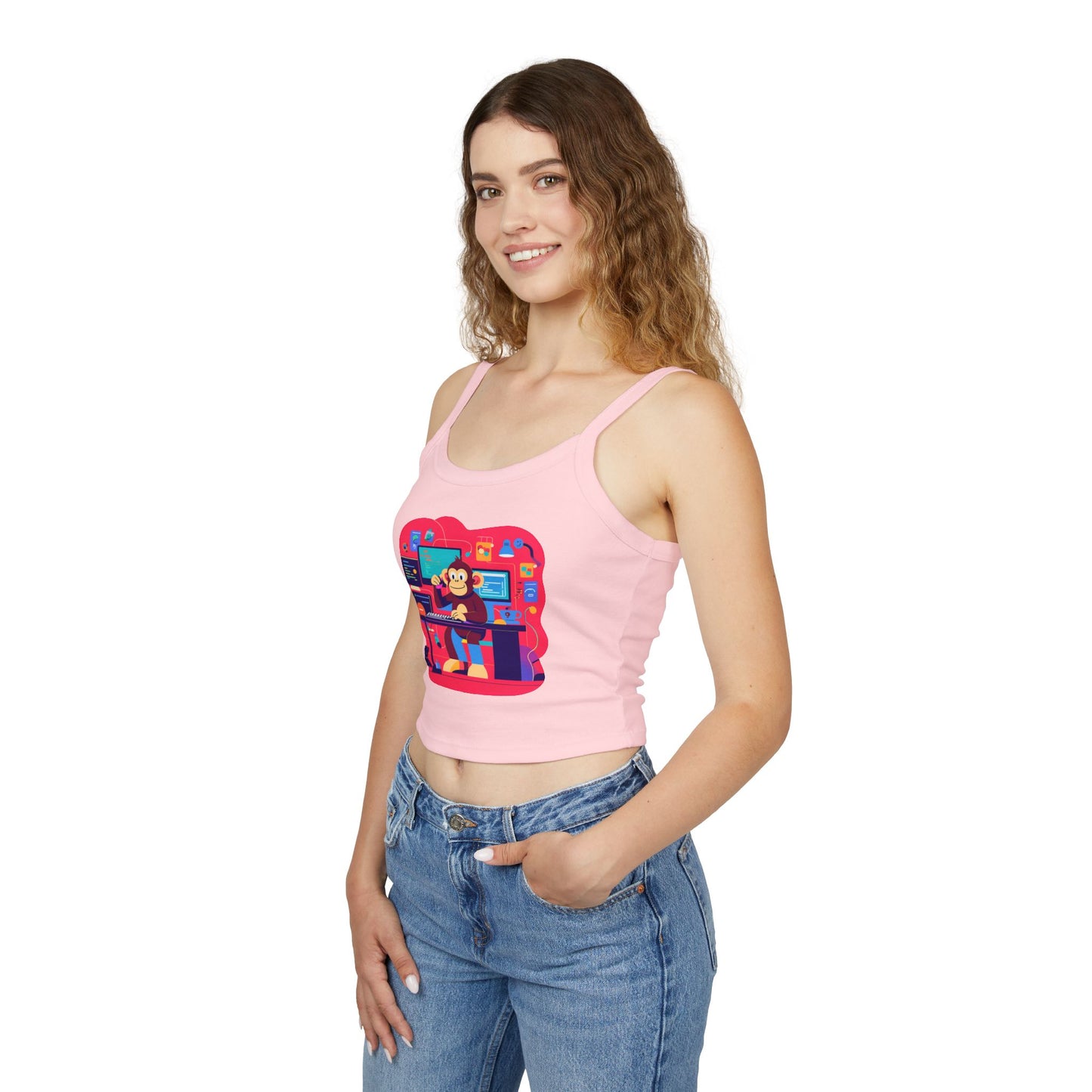 Playful Monkey Graphic Spaghetti Strap Tank Top - Fun Casual Wear, Summer Beach, Gift for Animal Lovers, Cute Pajama Top, Creative [...]
